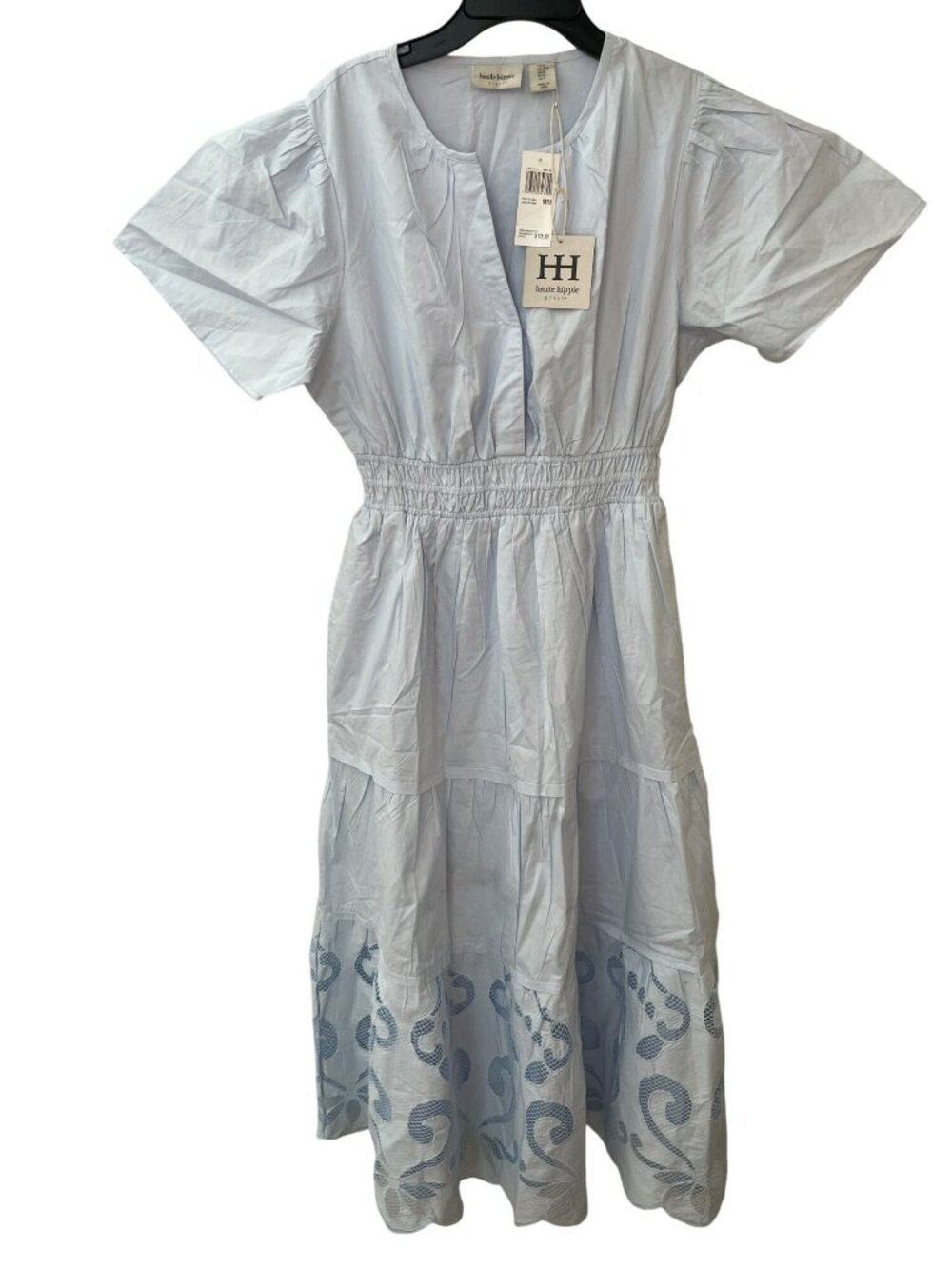 Haute Hippie Light Blue Tiered Maxi Dress with Embroidered Hem
